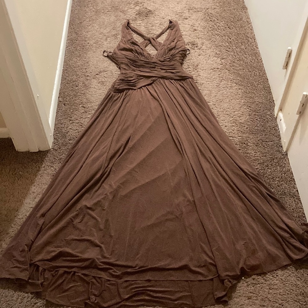 Brown V-Neck Backless Full A-Line Dress